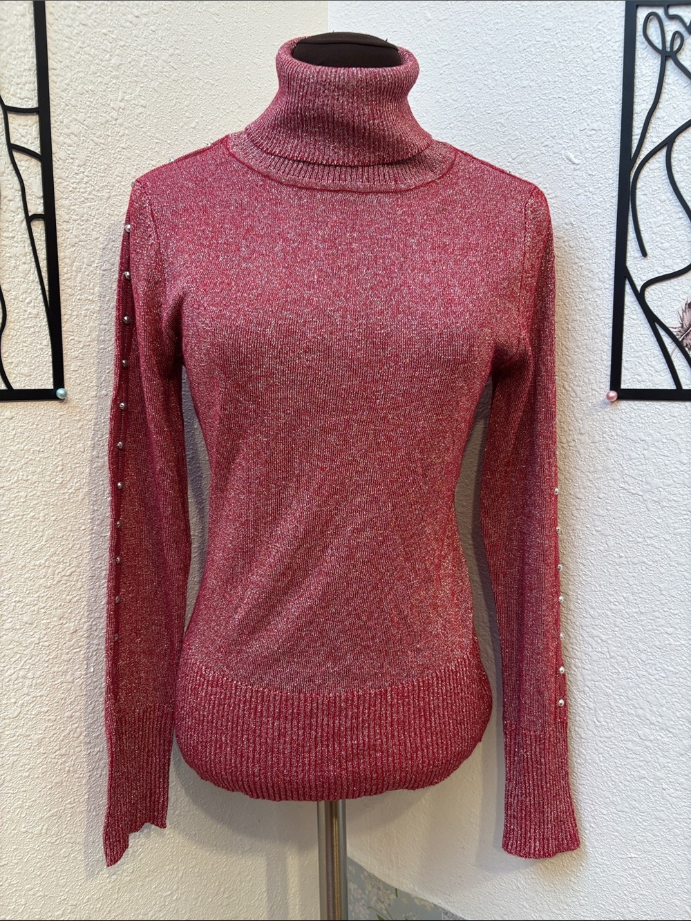 D&G red and silver metallic shimmer long sleeve mock neck knit sweater. Size S